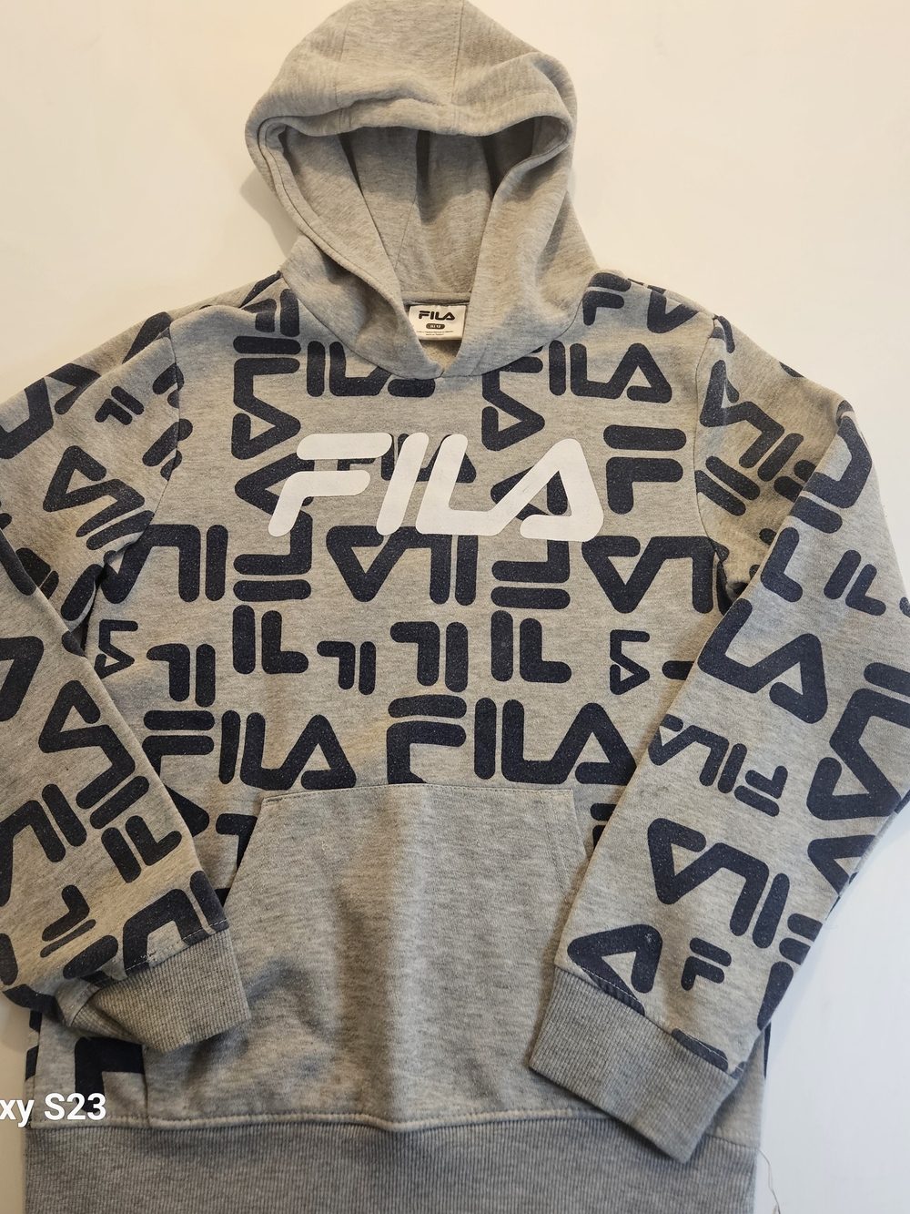 FILA Youth Large 12 Gray All Over Logo Pullover Hoodie Sweatshirt